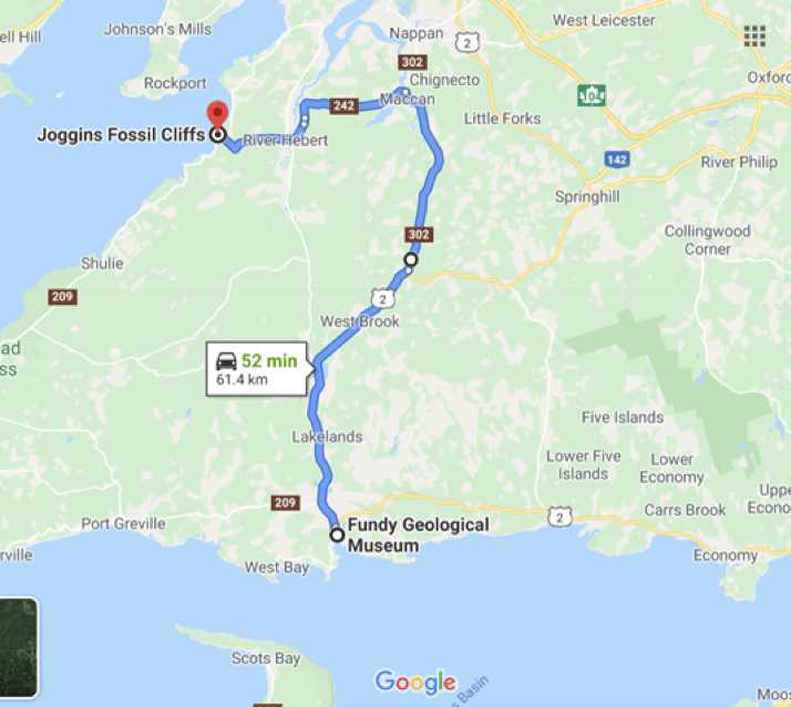 Google map of Cumberland County, Nova Scotia, showing distance & route between museums.