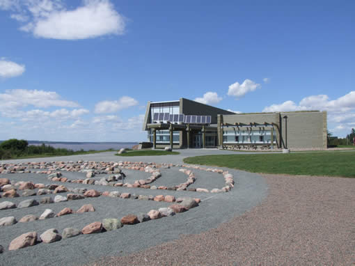 Joggins Fossil Centre from the labyrinth with the Bay of Fundy beyond